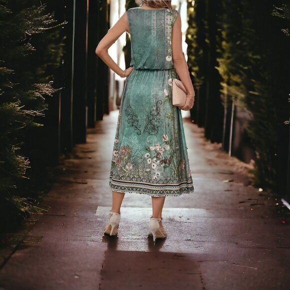 🆕️Enchanting Boho Midi Dress | Green Floral Sleeveless with Thigh Slit 🌸🌿💃 - Picture 7 of 16